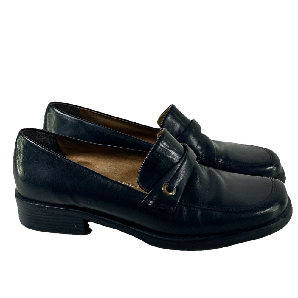 NATURALIZER Black Leather Preppy‎ Schoolgirl Y2K Loafers Block Heels 8W Women's
